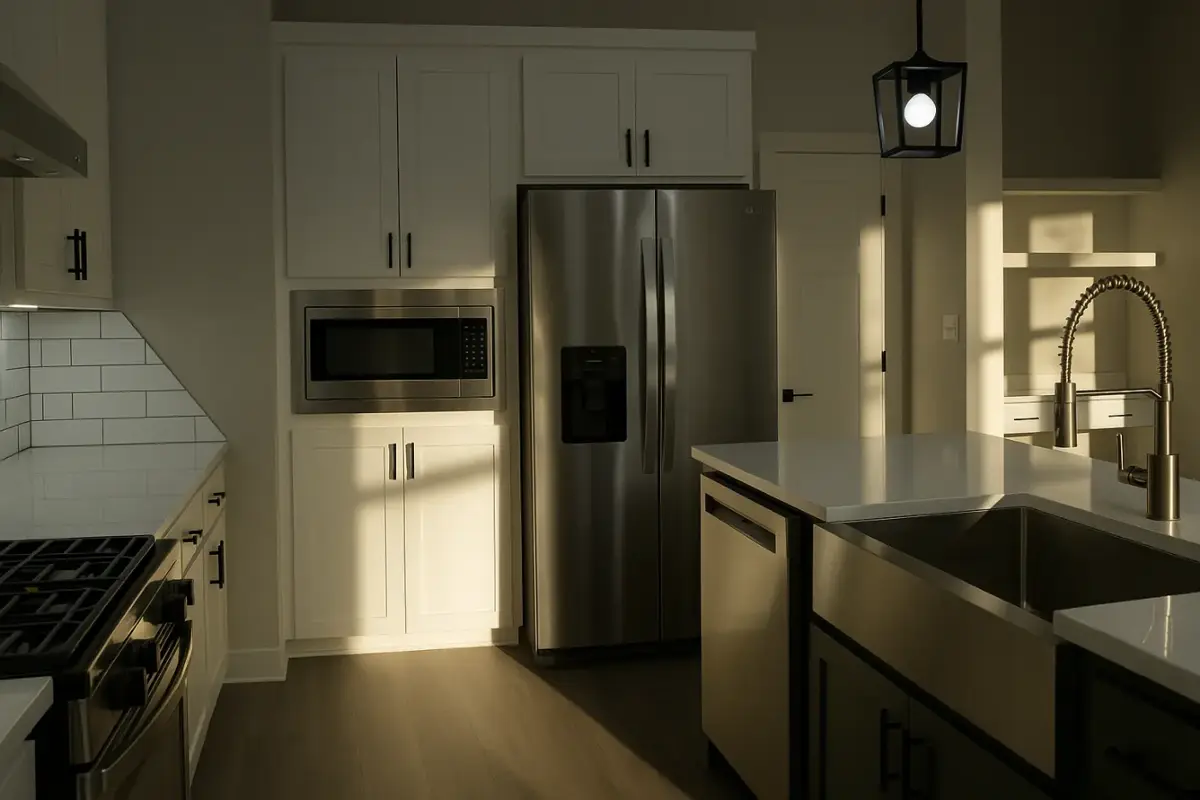 Finished kitchen remodel with white shaker cabinets and stainless appliances