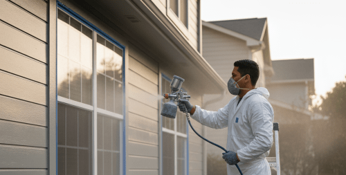 Exterior house painting in Oklahoma City painter applying weather-resistant finish Exterior house painting in Oklahoma City painter applying weather-resistant finish