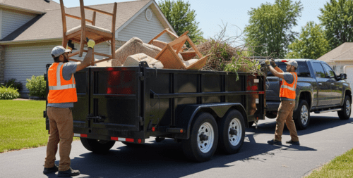 Junk removal service in Oklahoma City – Sanchez Construction and Remodeling hauling debris from residential property Junk removal service in Oklahoma City – Sanchez Construction and Remodeling hauling debris from residential property